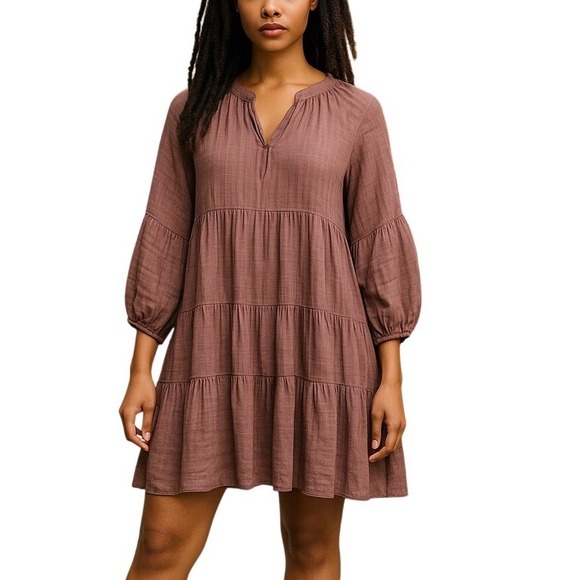 Listicle Dresses & Skirts - Listicle Tiered Mini Dress Womens Large Dusty Rose Textured Grid Balloon Sleeve